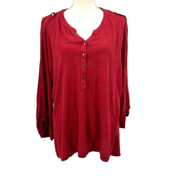 Cathy Womens Blouse 3X  Red Roll Tab Sleeve Casual Top Button Detail Normcore - Picture 1 of 11